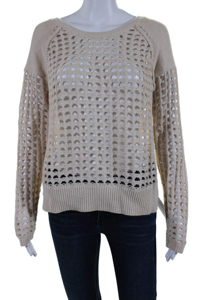 Ella Moss Womens Long Sleeve Scoop Neck Open Knit Sweater Beige Cotton Small