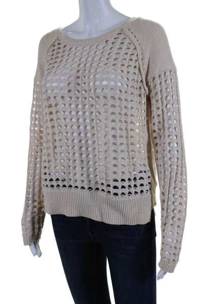 Ella Moss Womens Long Sleeve Scoop Neck Open Knit Sweater Beige Cotton Small