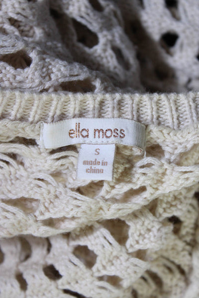 Ella Moss Womens Long Sleeve Scoop Neck Open Knit Sweater Beige Cotton Small