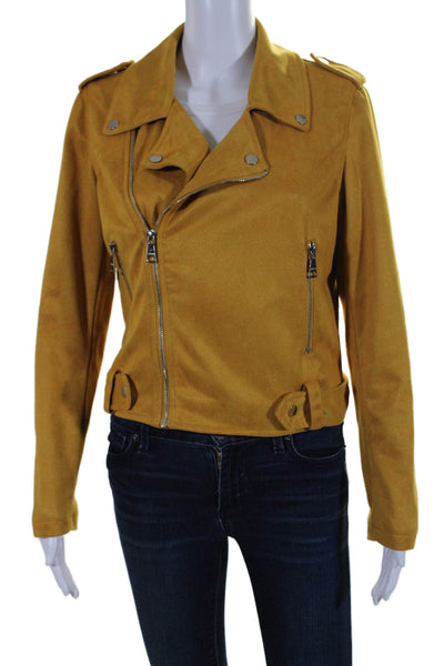 Vigoss Womens Front Zip Long Sleeve Collared Faux Suede Jacket Yellow Medium