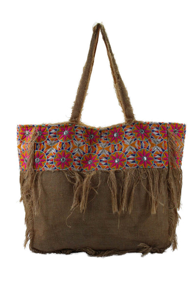 Ranee's Womens Double Handle Embroidered Woven Fringe Tote Handbag Brown Multi