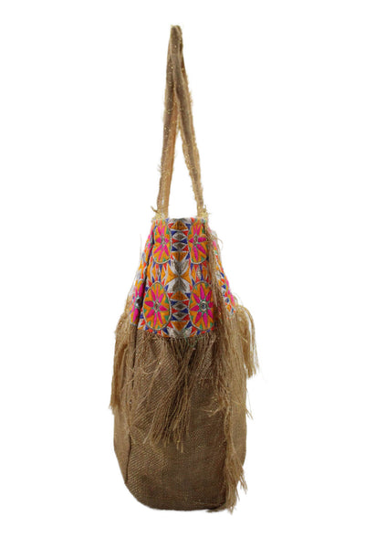 Ranee's Womens Double Handle Embroidered Woven Fringe Tote Handbag Brown Multi