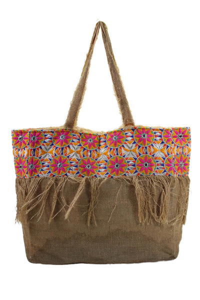 Ranee's Womens Double Handle Embroidered Woven Fringe Tote Handbag Brown Multi