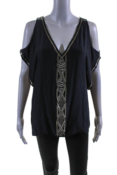 Parker Womens Silk  Beaded Open Cut Short Sleeved V-Neck Blouse Black Size M