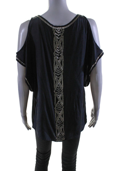 Parker Womens Silk  Beaded Open Cut Short Sleeved V-Neck Blouse Black Size M