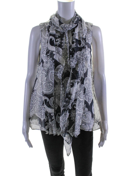 Max Mara Womens Silk Sleeveless Paisley Print Tie Collar Blouse Black Size 4