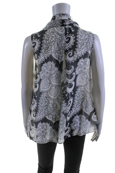 Max Mara Womens Silk Sleeveless Paisley Print Tie Collar Blouse Black Size 4