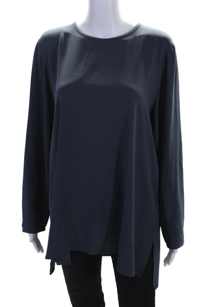 Eileen Fisher Womens Silk Round Neck Back Button Long Sleeve Blouse Blue Size L