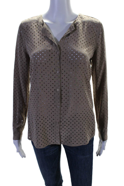 Ecru Womens Silk Cut Out V-Neck Long Sleeve Button Up Blouse Top Taupe Size XS