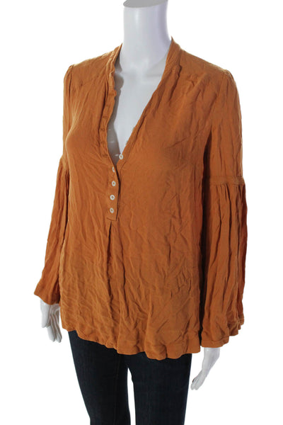 Free People Women's Round Neck Long Sleeves High Low Hem Blouse Orange Size XS