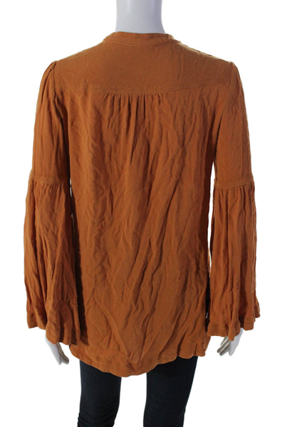 Free People Women's Round Neck Long Sleeves High Low Hem Blouse Orange Size XS