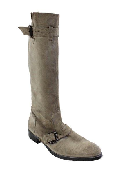 Tods Women's Round Toe Suede Buckle Knee High Boots Beige Size 41.5