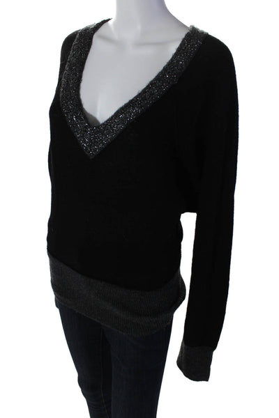 Free People Women's V-Neck Long Sleeves Pullover Sweater Black Size M