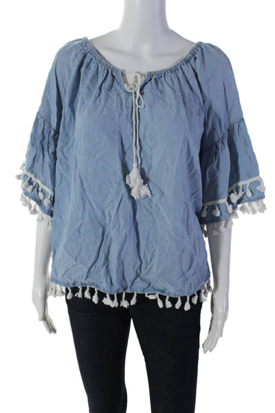 Bagatelle Collection Women' Tassel Short Sleeves Chambray Blouse Blue Size XL