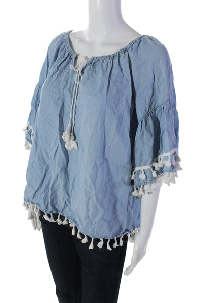 Bagatelle Collection Women' Tassel Short Sleeves Chambray Blouse Blue Size XL