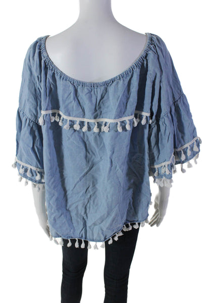 Bagatelle Collection Women' Tassel Short Sleeves Chambray Blouse Blue Size XL