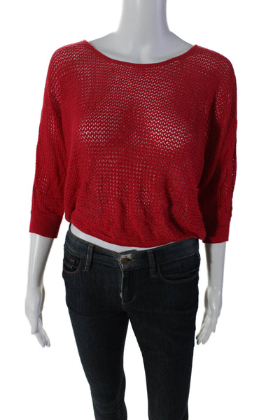 525 America Women's Round Neck Dolman Sleeves Mesh Blouse Red Size L