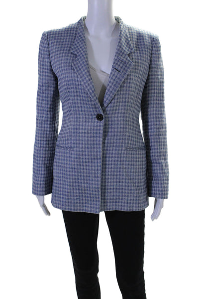 Giorgio Armani Womens Linen Check Buttoned Long Sleeve Blazer Blue Size EUR 42