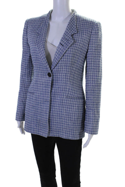 Giorgio Armani Womens Linen Check Buttoned Long Sleeve Blazer Blue Size EUR 42