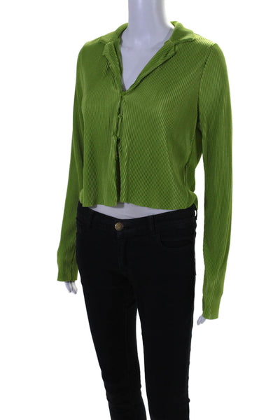 Bershka Womens Button Front Long Sleeve Collared Pleated Shirt Green Size Large