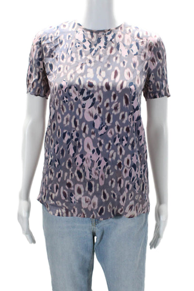 Rebecca Taylor Womens Silk Animal Print Short Sleeve Blouse Top Purple Size 0