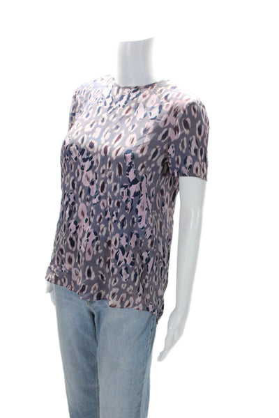 Rebecca Taylor Womens Silk Animal Print Short Sleeve Blouse Top Purple Size 0