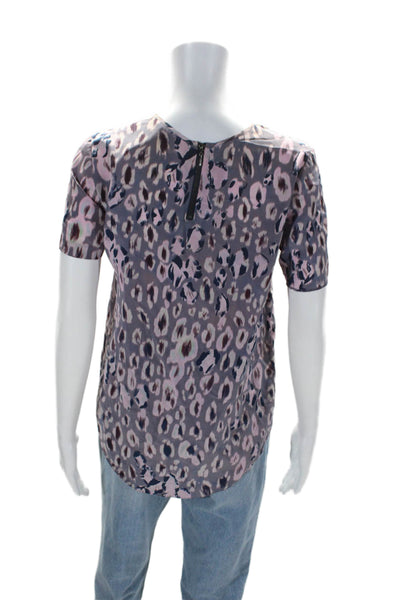 Rebecca Taylor Womens Silk Animal Print Short Sleeve Blouse Top Purple Size 0