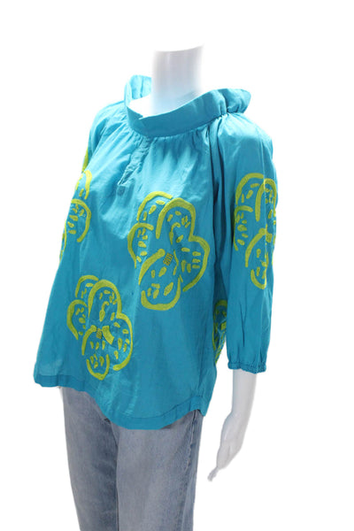 Gretchen Scott Womens Cotton Embroidered Long Sleeve Blouse Top Blue Size S