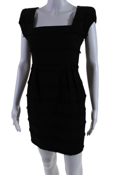 Nanette Lepore Womens Fringed Tiered Square Neck Pleat Sheath Dress Black Size 2