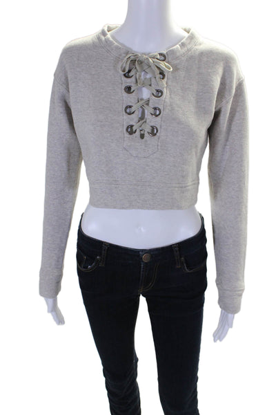 Mother Womens Gray Cotton Lace Up Long Sleeve Pullover Crop Sweatshirt Size XS