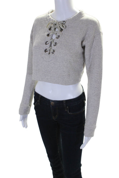 Mother Womens Gray Cotton Lace Up Long Sleeve Pullover Crop Sweatshirt Size XS