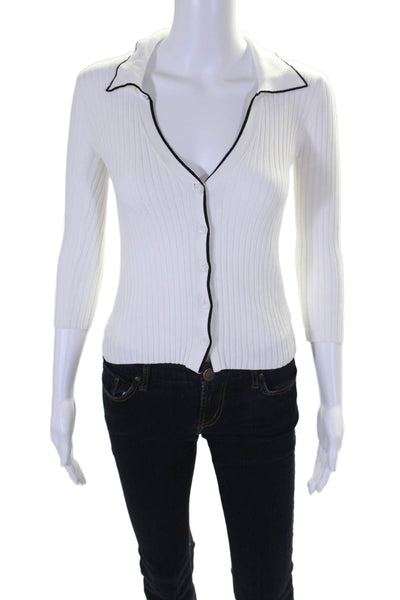 27 Miles Womens White Ribbed Knit Collar Button Front Long Sleeve Top Size XS