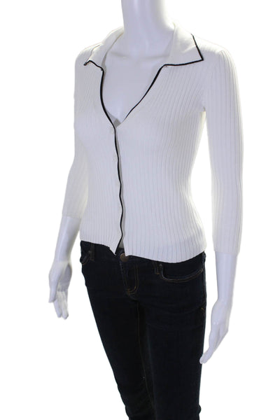 27 Miles Womens White Ribbed Knit Collar Button Front Long Sleeve Top Size XS