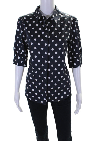 Tyler Boe Womens Short Sleeve Polka Dot Button Down Blouse Blue Size 4