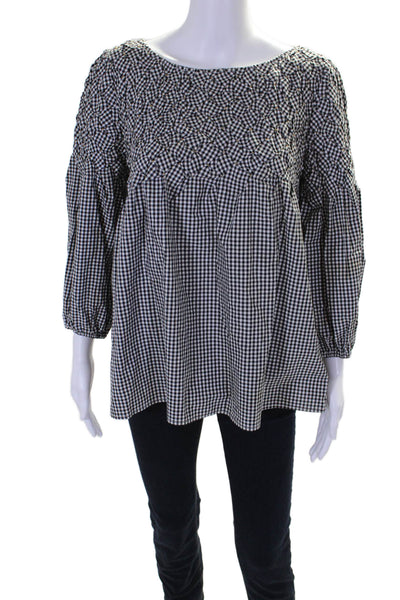 Tyler Boe Womens Long Sleeve Pleated Gingham Print Blouse Black Size S