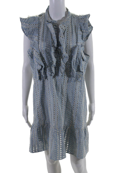 BCBGMAXAZRIA Women's Round Neck Sleeveless Ruffle Eyelet Mini Dress Blue Size L