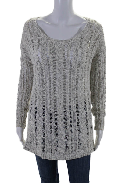 Vince Womens Long Sleeve Open Knit Scoop Neck Sweater White Gray Cotton Size XS