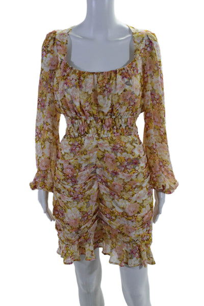 ASTR Womens Open Back Long Sleeve Square Neck Floral Dress Peach Size Medium