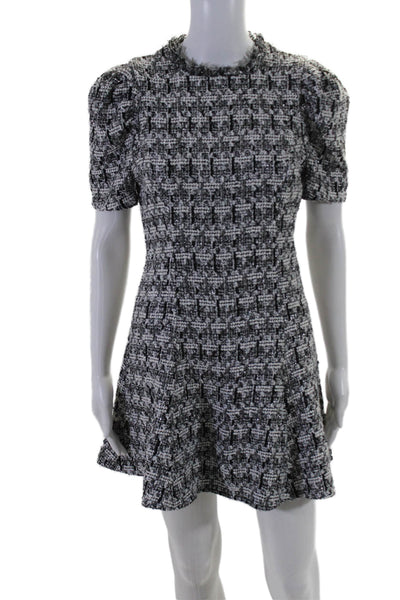 Aqua Womens Back Zip Short Sleeve Tweed A Line Dress White Black Size Small