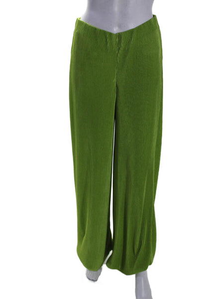 Nanushka Womens Elastic Waistband Mid Rise Pleated Wide Leg Pants Green Large