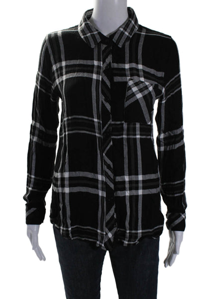 Rails Womens Button Front Long Sleeve Collared Plaid Shirt Black White Size XS