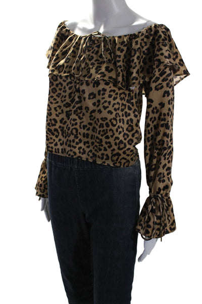 House of Harlow 1960 x Revolve Womens Ruffled Leopard Off Shoulder Top Brown XS