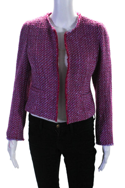 Drew Womens Tweed Long Sleeve Open Front Fringe Trim Jacket Pink Size XS