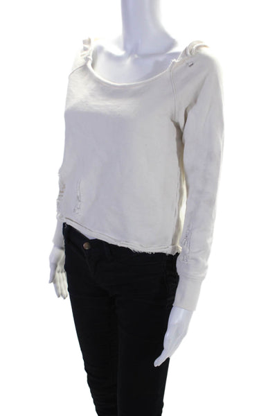 Pam & Gela Womens Cotton White Distress Scoop Neck Pullover Sweatshirt Size S