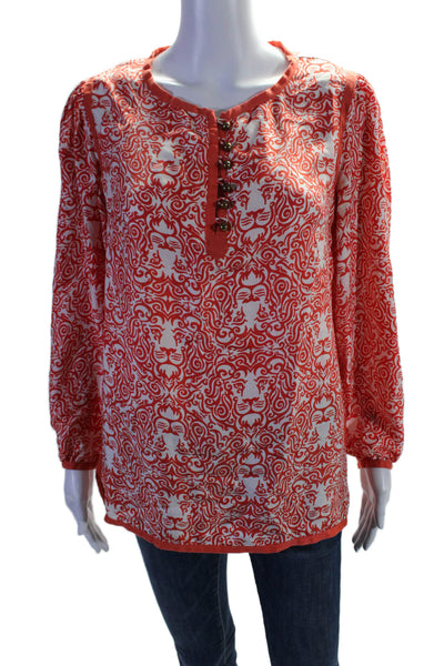 Elizabeth McKay Womens Silk Abstract Print Long Sleeve Tunic Blouse Orange Size