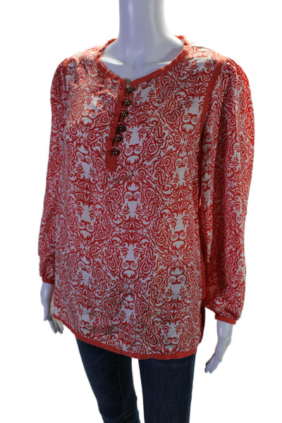 Elizabeth McKay Womens Silk Abstract Print Long Sleeve Tunic Blouse Orange Size