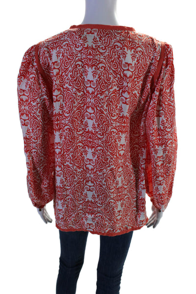 Elizabeth McKay Womens Silk Abstract Print Long Sleeve Tunic Blouse Orange Size