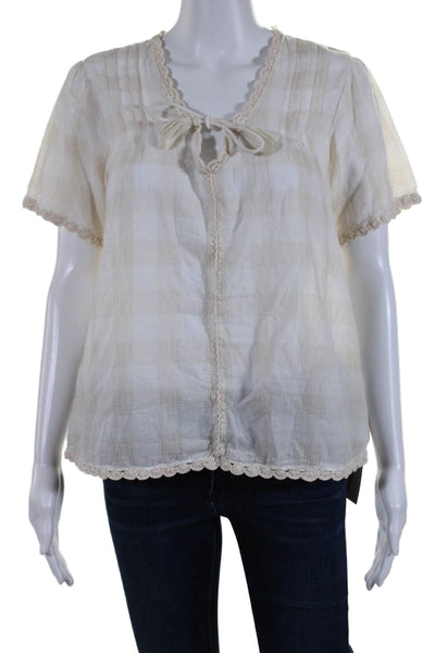 Faherty Womens Short Sleeves Key Hole Neck Blouse Beige Organic Cotton Size Smal