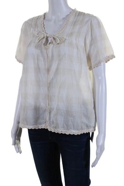 Faherty Womens Short Sleeves Key Hole Neck Blouse Beige Organic Cotton Size Smal