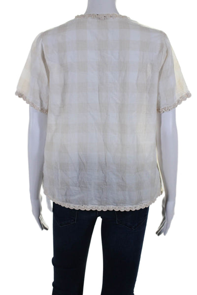 Faherty Womens Short Sleeves Key Hole Neck Blouse Beige Organic Cotton Size Smal